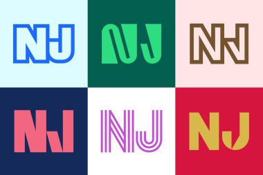 NJ harfinin logoları. Harfli soyut logo koleksiyonu. Geometrik soyut logolar