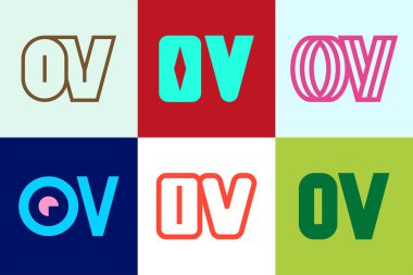 OV logoları seti. Harfli soyut logo koleksiyonu. Geometrik soyut logolar
