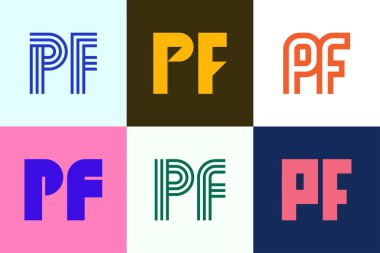 Bir dizi PF logosu. Harfli soyut logo koleksiyonu. Geometrik soyut logolar