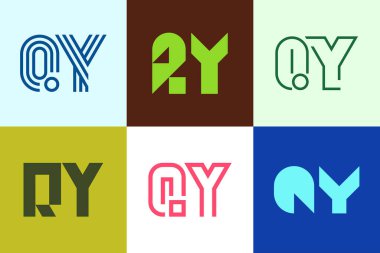 Bir dizi QY logosu. Harfli soyut logo koleksiyonu. Geometrik soyut logolar