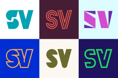 Bir dizi SV logosu. Harfli soyut logo koleksiyonu. Geometrik soyut logolar