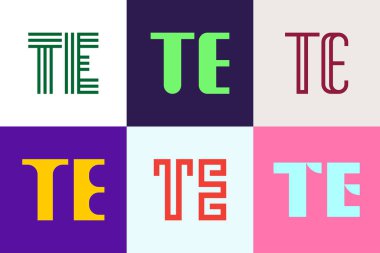TE logoları seti. Harfli soyut logo koleksiyonu. Geometrik soyut logolar