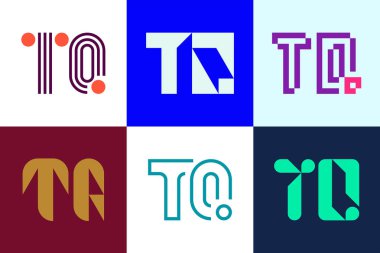Bir dizi TQ logosu. Harfli soyut logo koleksiyonu. Geometrik soyut logolar