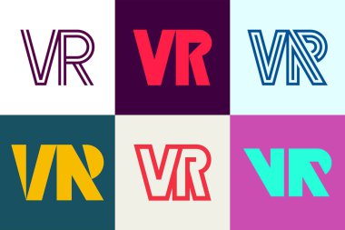 Bir dizi VR logosu. Harfli soyut logo koleksiyonu. Geometrik soyut logolar