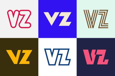 Bir dizi VZ logosu. Harfli soyut logo koleksiyonu. Geometrik soyut logolar