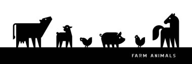 Çiftlik Hayvanları siluetleri. Beyaz arka planda izole edilmiş. Vektör illüstrasyonu