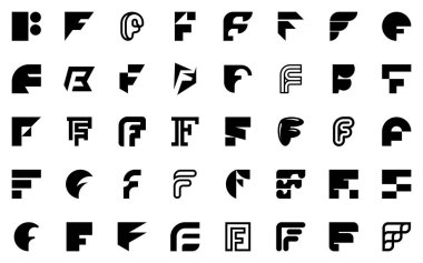 F harfli soyut logo koleksiyonu. Geometrik soyut logolar. Simge tasarımı