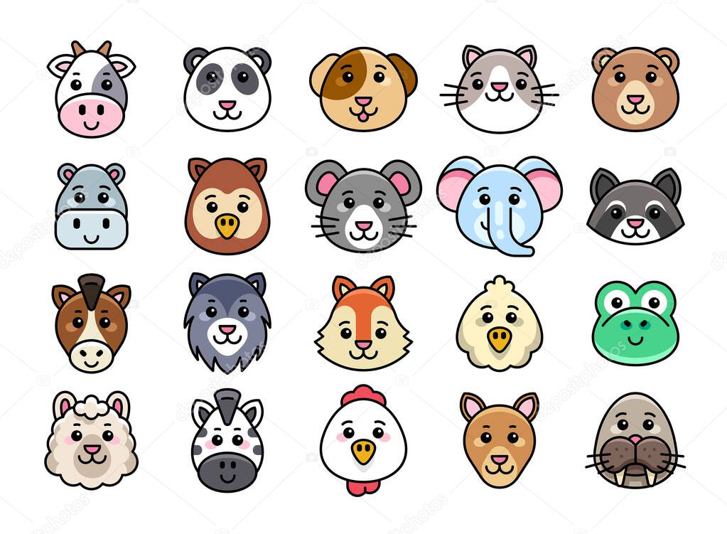 Animal Icons. Avatars of animals set. Set of animal face heads. Cute muzzles