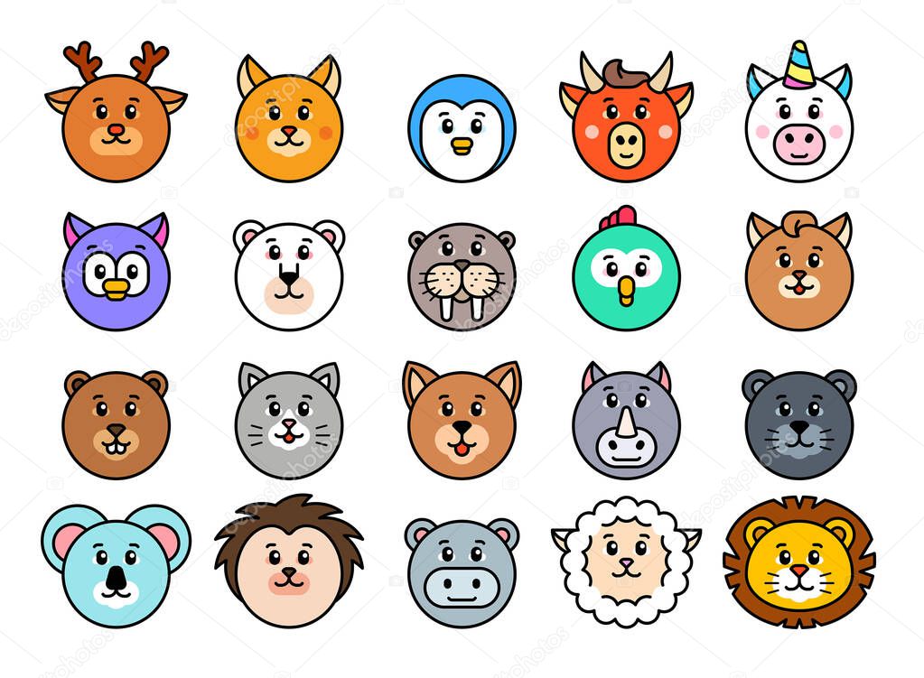 Animal Icons. Avatars of animals set. Set of animal face heads. Cute muzzles