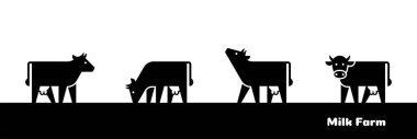 Süt Çiftliği Hayvanları siluetleri. Doğal süt üreten inek çiftliği. Simge tasarımı. Şablon ögeleri
