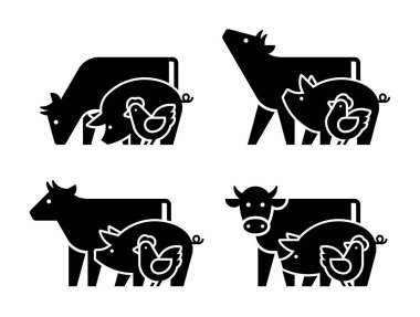 Çiftlik hayvanları logo ineği, domuz ve tavuk. Simge tasarımı. Şablon ögeleri
