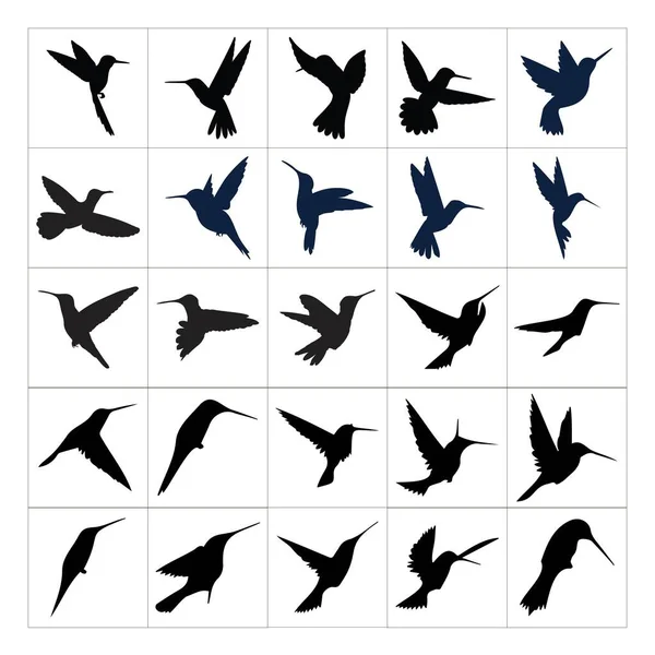 Collection of humming bird flying icons,silhouettes,sides,positions,shape,design.Vector illustration set.Stock illustration.Birds - Cutout, In Silhouette, Flying, Vector.Use for banner,wallpaper,card,brochure,template,backdrop,leaflet,flyer.