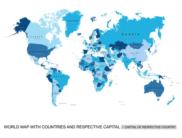 Абстрактна Синя Векторна Політична Карта Світу Країнами Назвою Капіталу Прикордонна Ліцензійні Стокові Ілюстрації