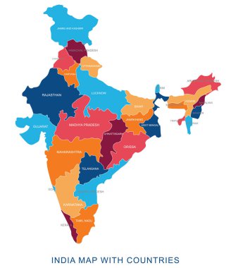 Abstract multicolor vector political india map with countries name,border.Detailed modern illustration can be use for presentation,report,t-shirt,poster,geographical templates.Simplified isolated administrative map.Hand drawn print map. clipart