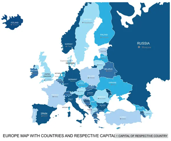 Abstract Blue Vector Political Europe Map Countries Capital Name Border Vetores De Bancos De Imagens Sem Royalties