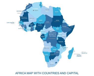 Ülkeler ve sermaye adı, sınır ile soyut mavi vektör siyasi Afrika haritası. Ayrıntılı modern illüstrasyon sunum, rapor, tişört, poster, coğrafi şablon için kullanılabilir. Basitleştirilmiş izole idari harita. El izi haritası.