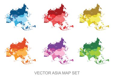 Abstract multicolor vector political Asia map set with countries and capital name,border.Detailed modern illustration use for presentation,report,t-shirt,poster,geographical templates.Simplified isolated administrative map.Hand drawn print map. clipart
