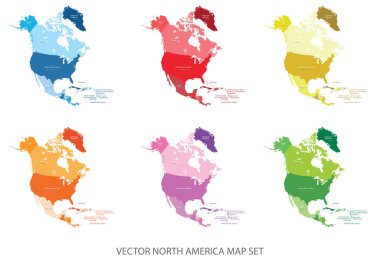 Abstract multicolor vector set of political North America map with countries and capital name,border.Detailed modern illustration use for presentation,report,t-shirt,poster,geographical templates.Simplified isolated administrative hand drawn map. clipart