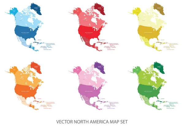 Set Vectorial Multicolor Abstract Hartă Politică Americii Nord Țări Nume Vector de stoc