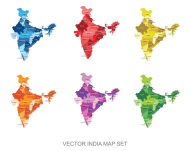 Ülkeler ve sermaye adı ile siyasi Hindistan haritasının soyut çokrenkli vektör kümesi. Sunum, rapor, tişört, poster, coğrafi şablonlar için ayrıntılı modern illüstrasyon kullanımı. Basitleştirilmiş idari el çizimi haritası.