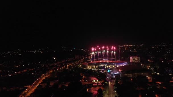 Fireworks City Aerial View Flying New Year Eve 4Th July — Stock Video