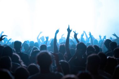 Bir grup insan müzik festivalindeki canlı konserde kollarını kaldırarak parti yapıyorlar.
