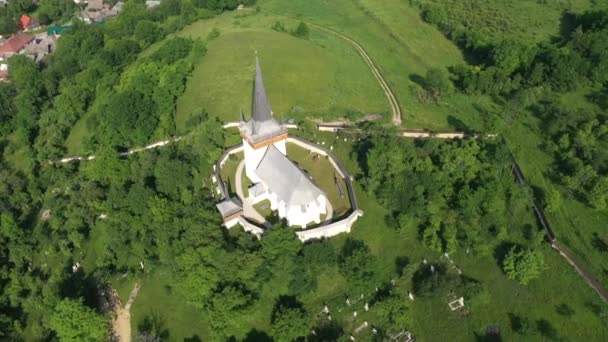 Aerial View Valeni Magyarvalko Hungarian Reformed Church Transylvania Romania Drone — Stock Video