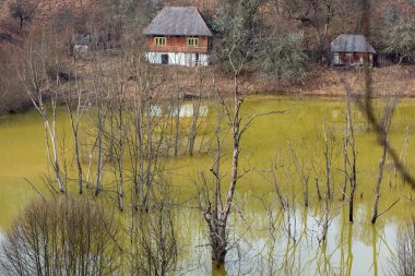 Çevreyi kirleten bakır madeninin yeşil atık suları. Geamana sürahi gölü, Rosia Montana, Romanya 