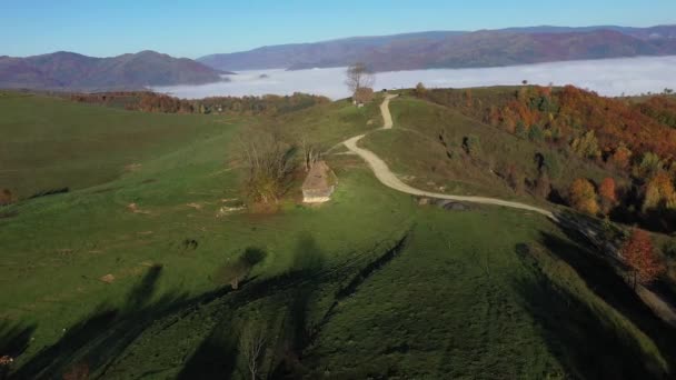 Uzak Çiftliğin Havadan Görünüşü Sabah Sisi Insansız Hava Aracı Ile — Stok video