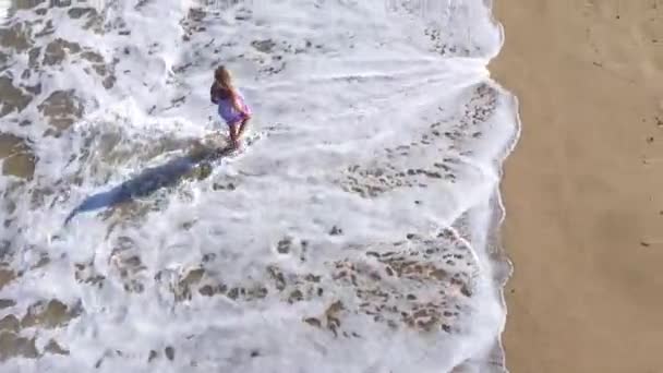 Vista Aérea Una Hermosa Mujer Rubia Caminando Una Playa Olas — Vídeos de Stock