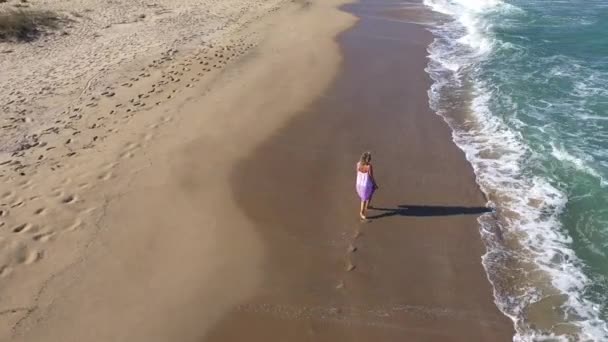 ブロンドモデルの女性は ビーチの空中ビューを歩いています ドローンで砂浜を洗う海の波 — ストック動画
