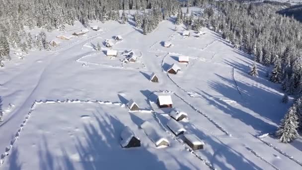 Uzak Köy Çiftlik Dağlarda Karların Altında Gömülü Evler Hava Aracı — Stok video