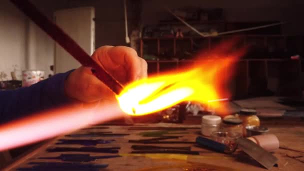 Slow Motion View Artist Hands Creating Glass Pendant Lampworking Technique — Stockvideo
