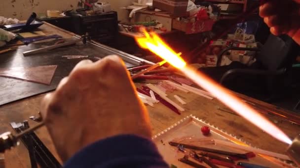 Close Shot Hands Shaping Glass Bead Holding Gas Torch Workshop — Stock Video