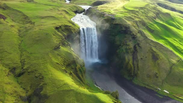 Skogafoss Waterfall Aerial Slow Motion View Iceland — Stock Video