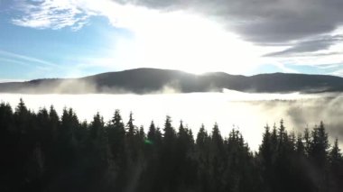  Yavaş çekim bulutların üzerinde uçuyor. Güneşin doğuşu, sisli bir sabah ve dağlardaki orman manzarası