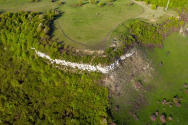 Aerial view of limestone cliffs and Green forest in the spring. Geological formation in Transylvania, Romania
