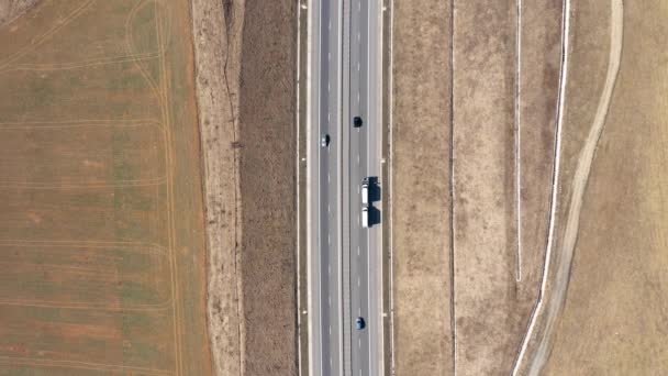 Slow Motion Aerial View Cars Trucks Passing Highway Drone Shot — Stock Video