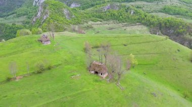 İlkbaharın yeşil tarım arazisinin havadan görünüşü, dağlardaki kır kulübesi, insansız hava aracı tarafından.