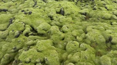 İzlanda 'daki Eldhraun lav sahasının üzerinde uçan, havadan yavaş çekim görüntüsü