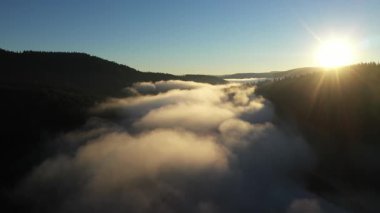  Yavaş çekim sisli bir göl manzarası. Gün doğumunda şafak vakti karanlık ışıklar, soğuk hava. Dağlarda bulutların üzerinde uçarken