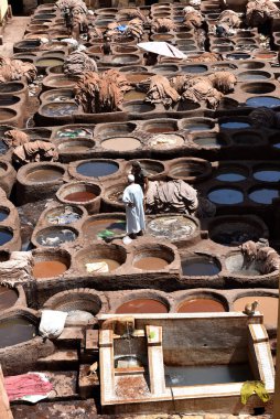 FEZ, MOROCCO - 31 Mayıs 2025: Chouara Tannery 'de deri döken işçiler, farklı renklerde boya ve beyaz sıvılarla dolu sayısız taş fıçı