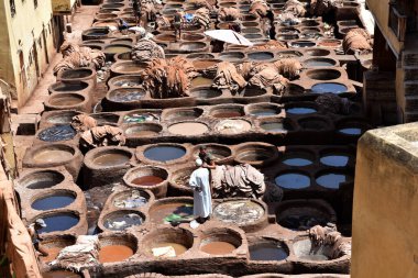 FEZ, MOROCCO - 31 Mayıs 2025: Chouara Tannery 'de deri döken işçiler, farklı renklerde boya ve beyaz sıvılarla dolu sayısız taş fıçı