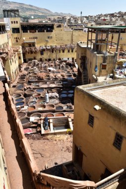 FEZ, MOROCCO - 31 Mayıs 2025: Chouara Tannery 'de deri döken işçiler, farklı renklerde boya ve beyaz sıvılarla dolu sayısız taş fıçı