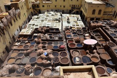 FEZ, MOROCCO - 31 Mayıs 2025: Chouara Tannery 'de deri döken işçiler, farklı renklerde boya ve beyaz sıvılarla dolu sayısız taş fıçı