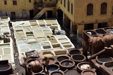 FEZ, MOROCCO - 31 Mayıs 2025: Chouara Tannery 'de deri döken işçiler, farklı renklerde boya ve beyaz sıvılarla dolu sayısız taş fıçı