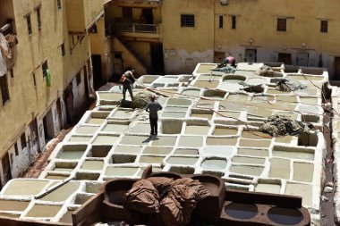 FEZ, MOROCCO - 31 Mayıs 2025: Chouara Tannery 'de deri döken işçiler, farklı renklerde boya ve beyaz sıvılarla dolu sayısız taş fıçı