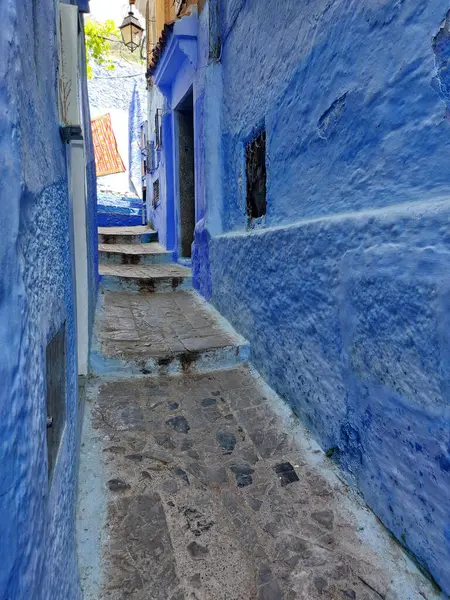 Chefchaouen, Fas sokakları ve evleri mavi, ortaçağ Arap Unesco mirasıyla boyanmış.