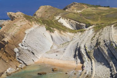 Plajda erozyonal Landforms El Madero, Costa Quebrada, Cantabria, İspanya.