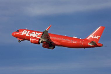 Barcelona, Spain - December 22, 2024: Play Airbus A320neo taking off from El Prat Airport in Barcelona, Spain. clipart